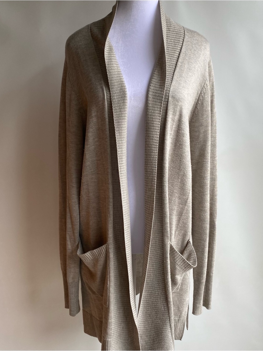 Cyrus taupe long line open front drapey cardigan lightweight sweater L